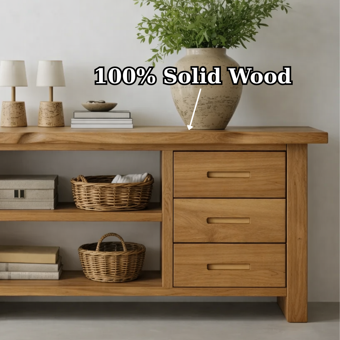Solid Wood Console Table for Living Room with Open Shelves and Drawers