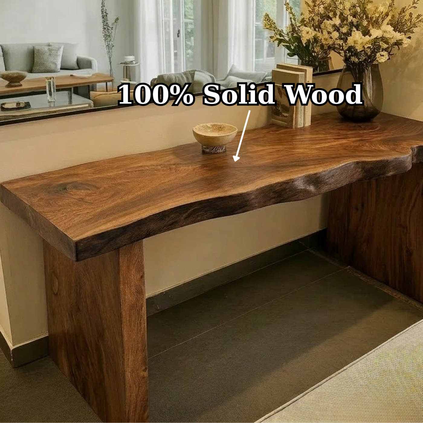 Solid Wood Console Table with Live Edge Top and Simple Block Base