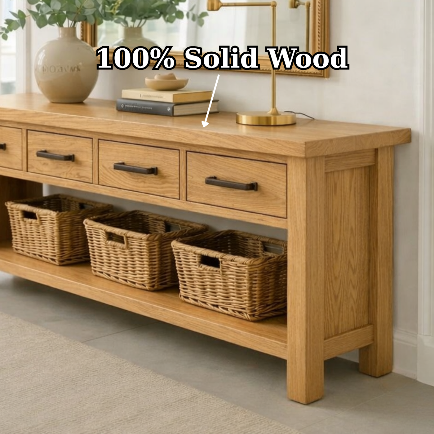 Solid Wood Console Table for Entryway with 4 Drawers and Open Shelf