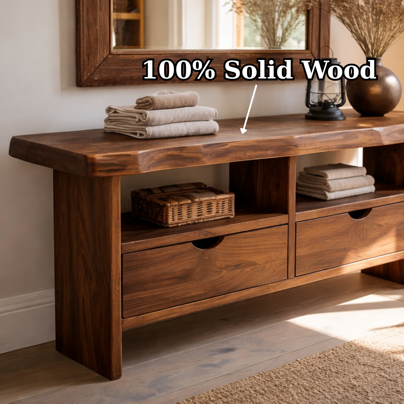 Solid Wood Console Table with Live Edge Top and Drawers for Storage