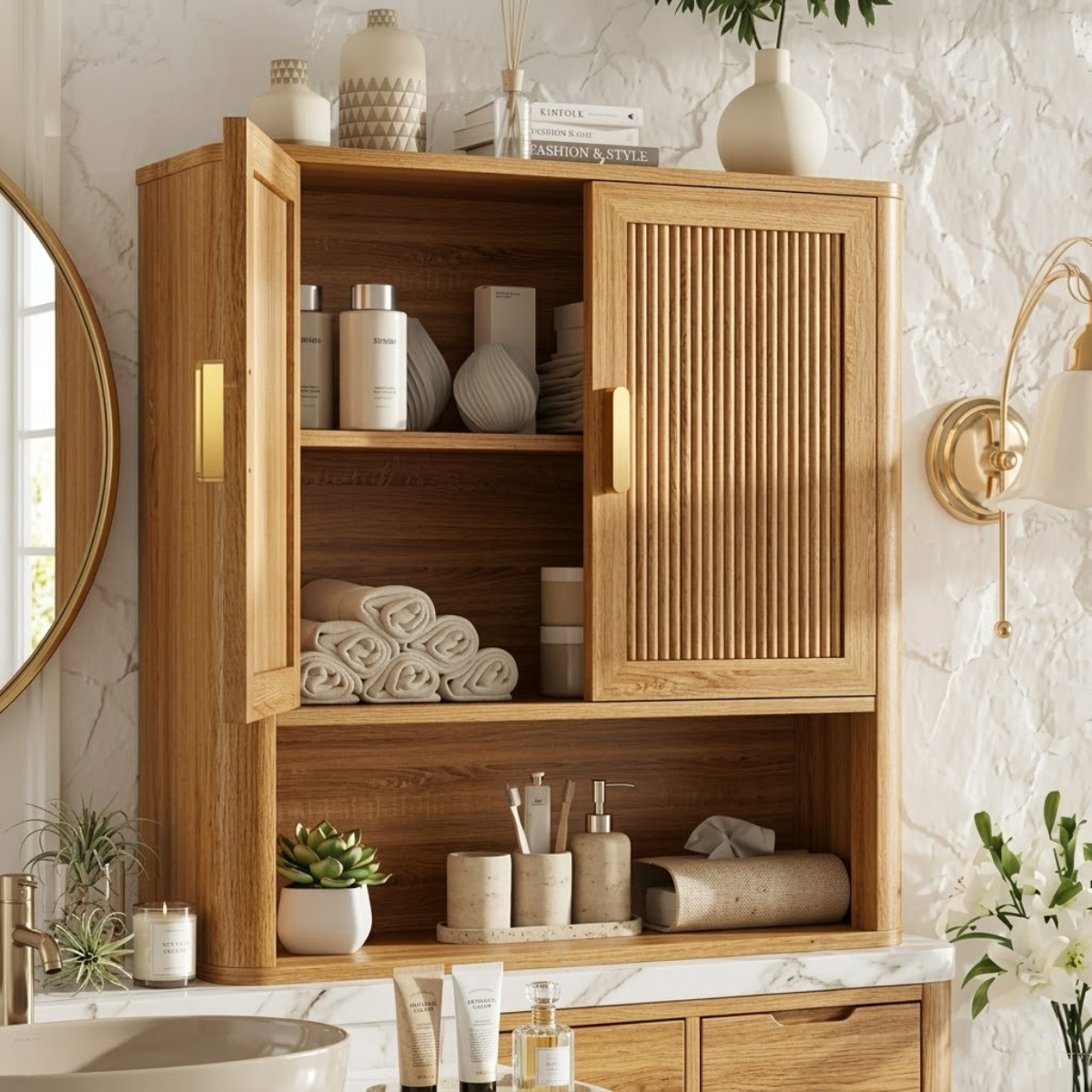 Floating Bathroom Cabinet, Modern Fluted Wall Mounted Vanity Storage Organizer Unit