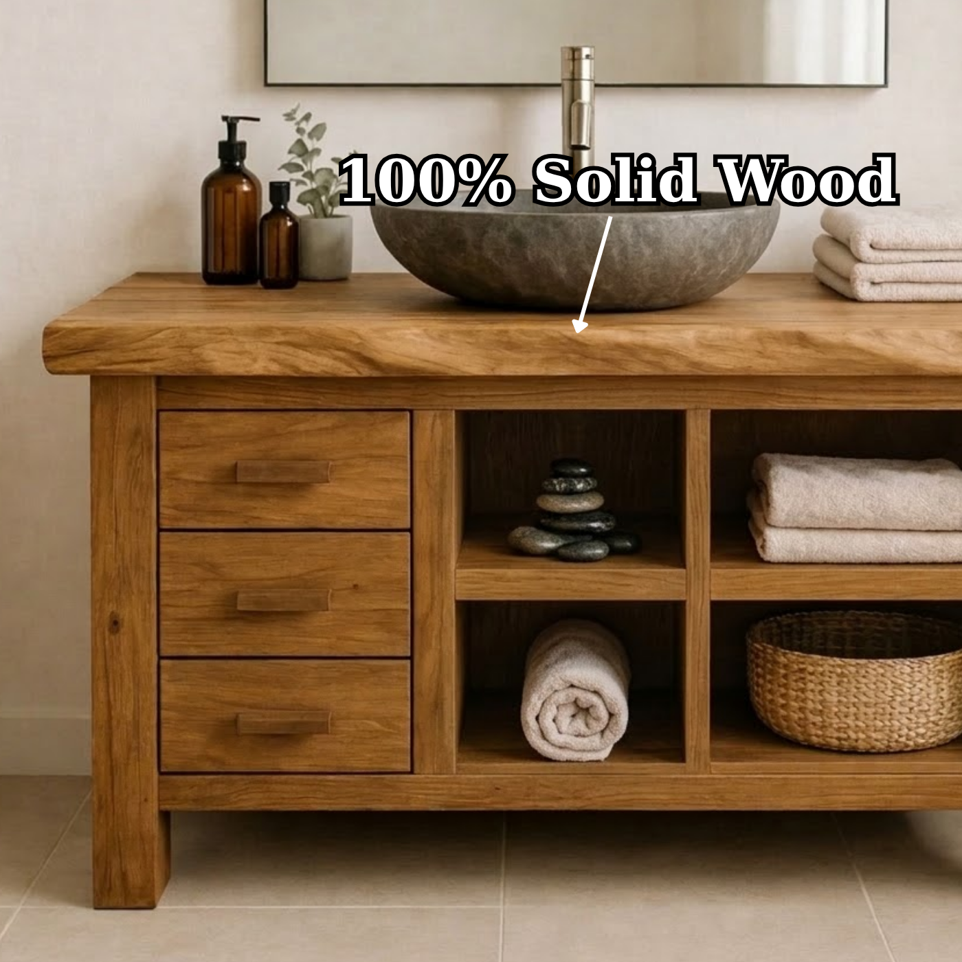 Solid Wood Bathroom Vanity with Live Edge Top and Open Shelves