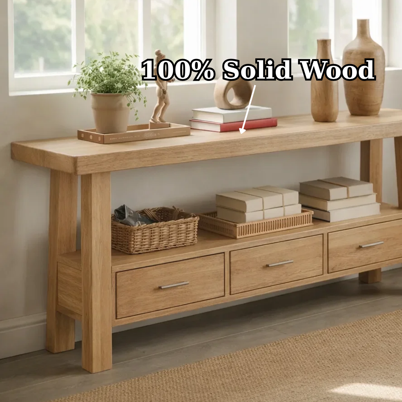 Solid Wood Console Table for Living Room with 3 Drawers and Open Shelf