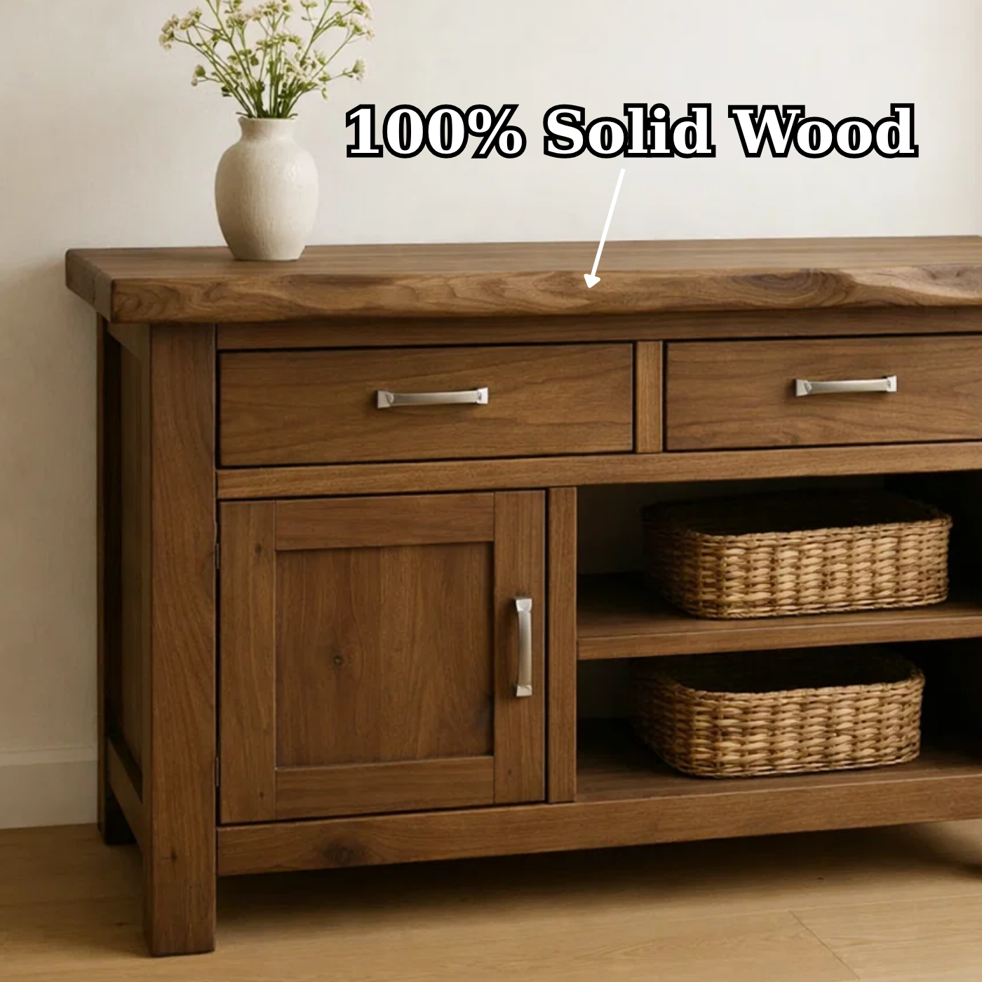 Solid Wood Console Table with 2 Drawers and Open Shelving for Storage