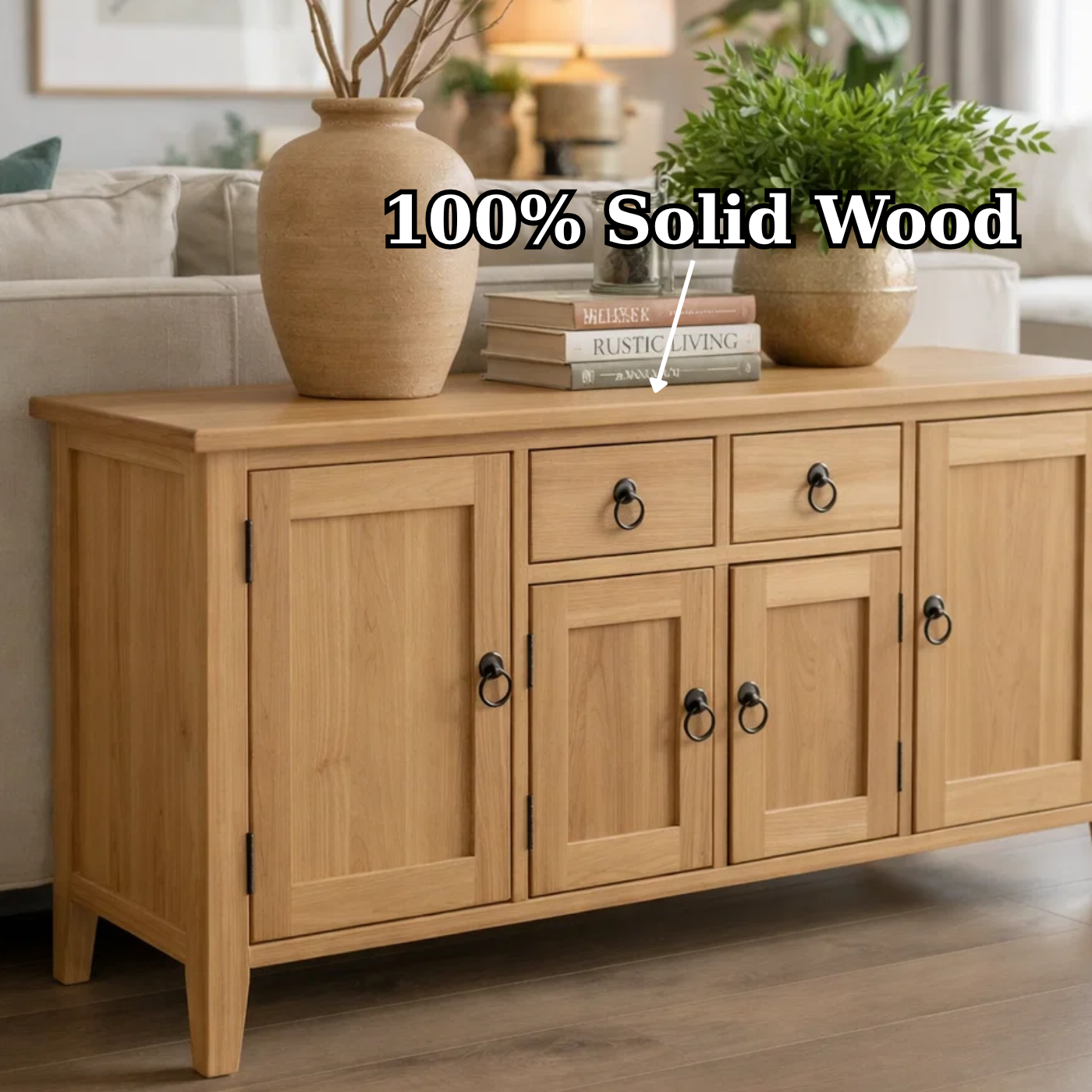 Solid Wood Console Table with Storage Cabinets and Drawers
