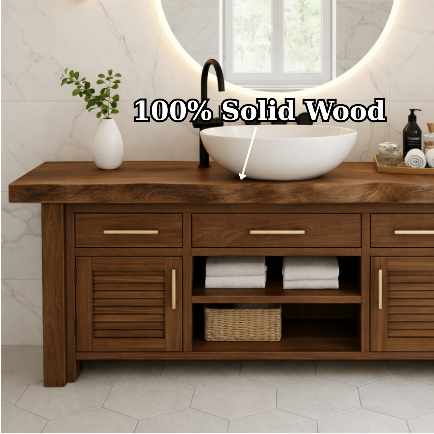 Solid Wood Bathroom Vanity for Modern Spaces with Louvered Doors and Open Shelf