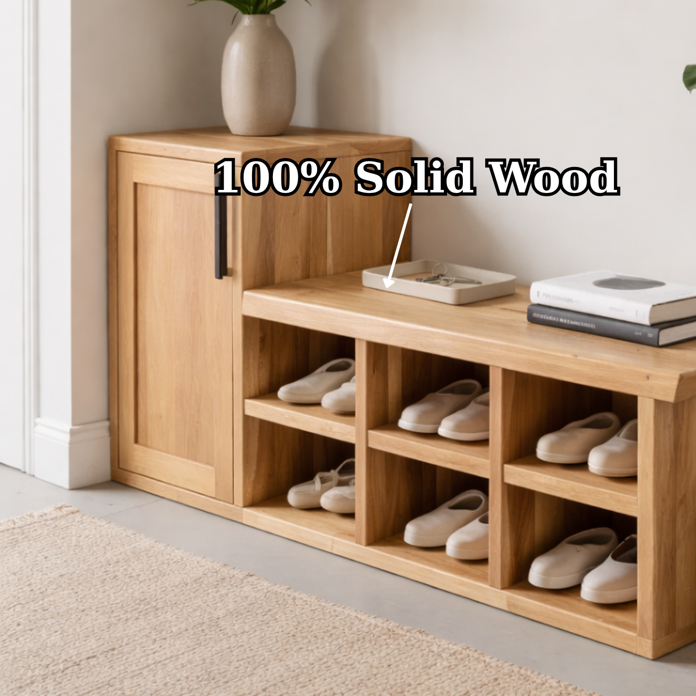 Solid Wood Shoe Storage Bench with Cabinet Door & Open Cubby Shelves – Entryway Shoe Organizer Bench