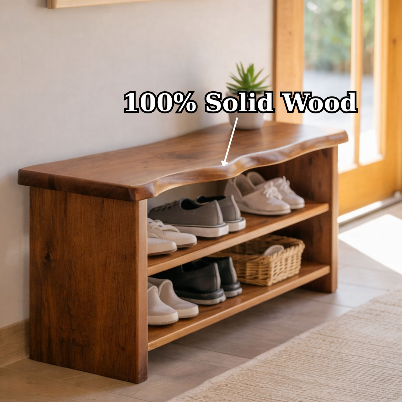 Solid Wood Live Edge Shoe Storage Bench with Open Shelves – Entryway Shoe Organizer Bench