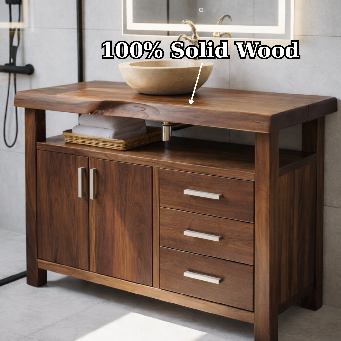 Solid Wood Bathroom Vanity with Cabinet Doors, Three Drawers and Open Shelf – Freestanding Natural Wood Vanity Kitchnce
