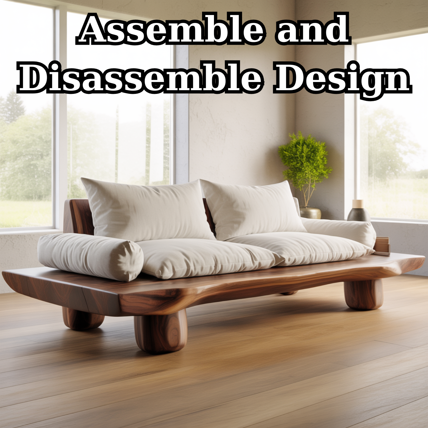 Handcrafted Solid Walnut Sofa – Low Organic Wood Couch with Linen Cushions and Rounded Legs Kitchnce