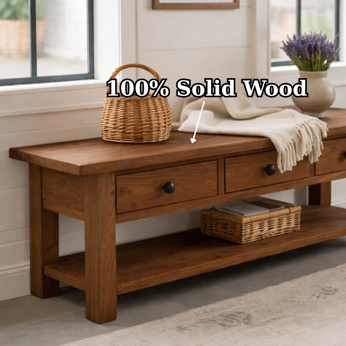 Solid Wood Entryway Bench with 3 Drawers & Lower Shelf – Farmhouse Shoe Storage Bench