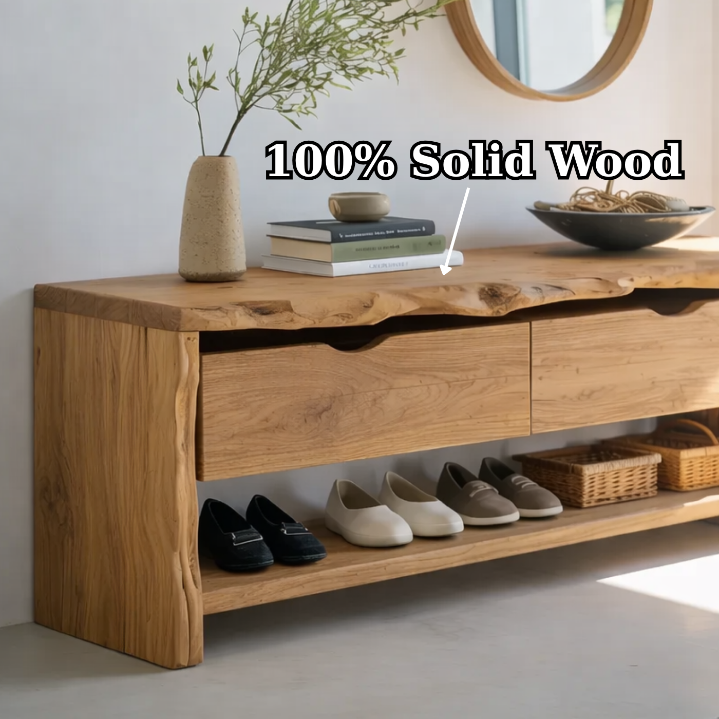 Solid Wood Live Edge Entryway Bench with Drawers & Shoe Shelf – Natural Wood Shoe Storage Bench