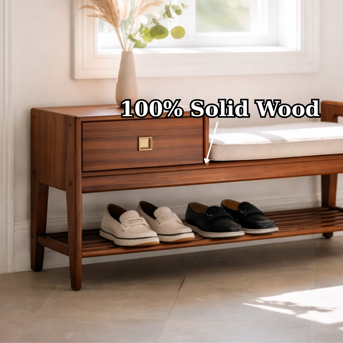 Solid Wood Entryway Bench with Drawer, Cushion Seat & Shoe Shelf – Mid-Century Shoe Storage Bench