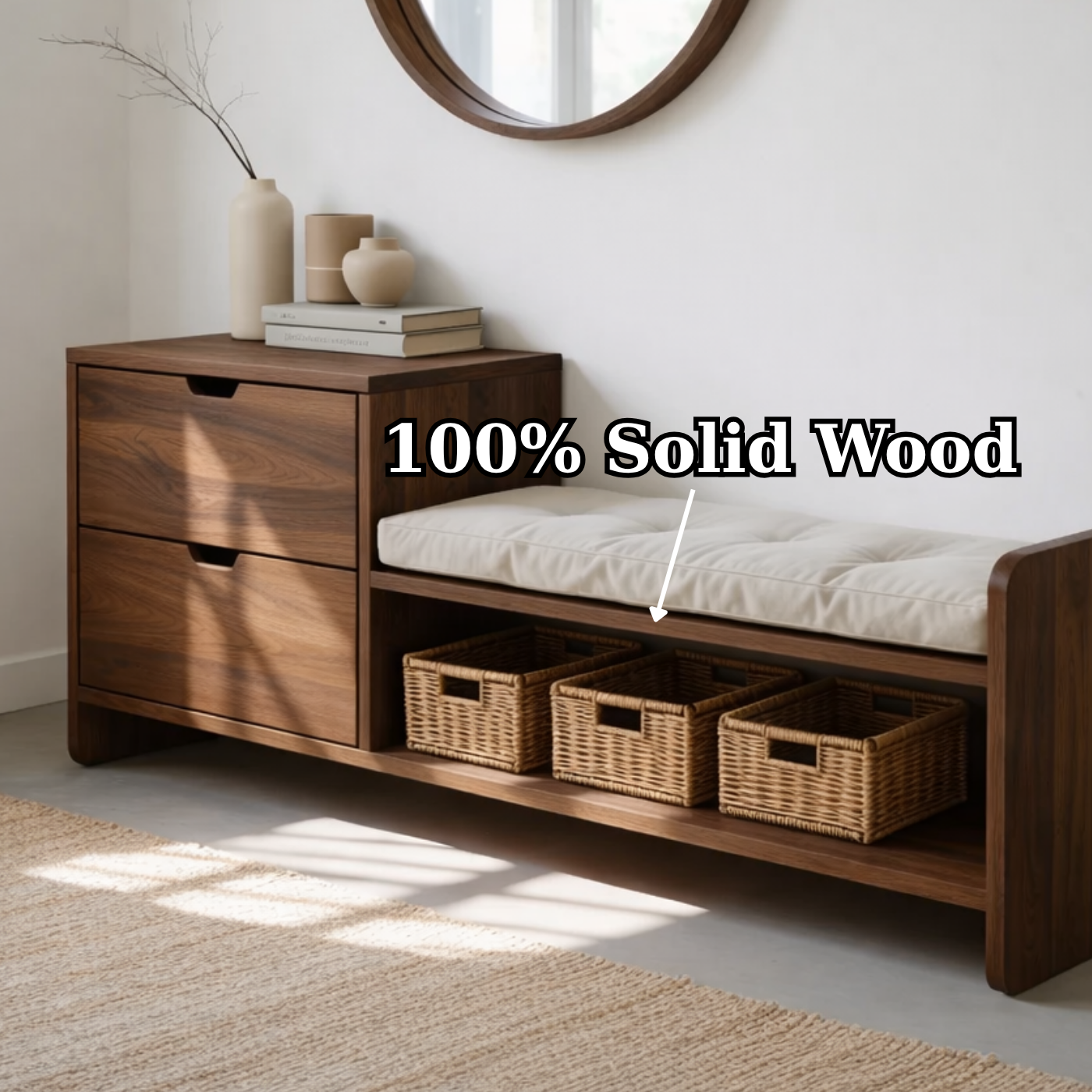 Solid Wood Entryway Storage Bench with Drawers, Cushion Seat & Basket Shelf – Shoe Storage Bench