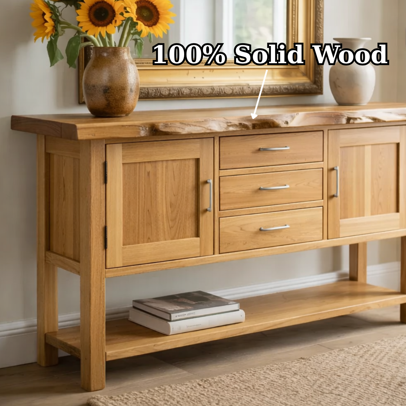 Solid Wood Sideboard Console Table with Drawers, Cabinet Doors & Lower Shelf – Entryway Storage Cabinet