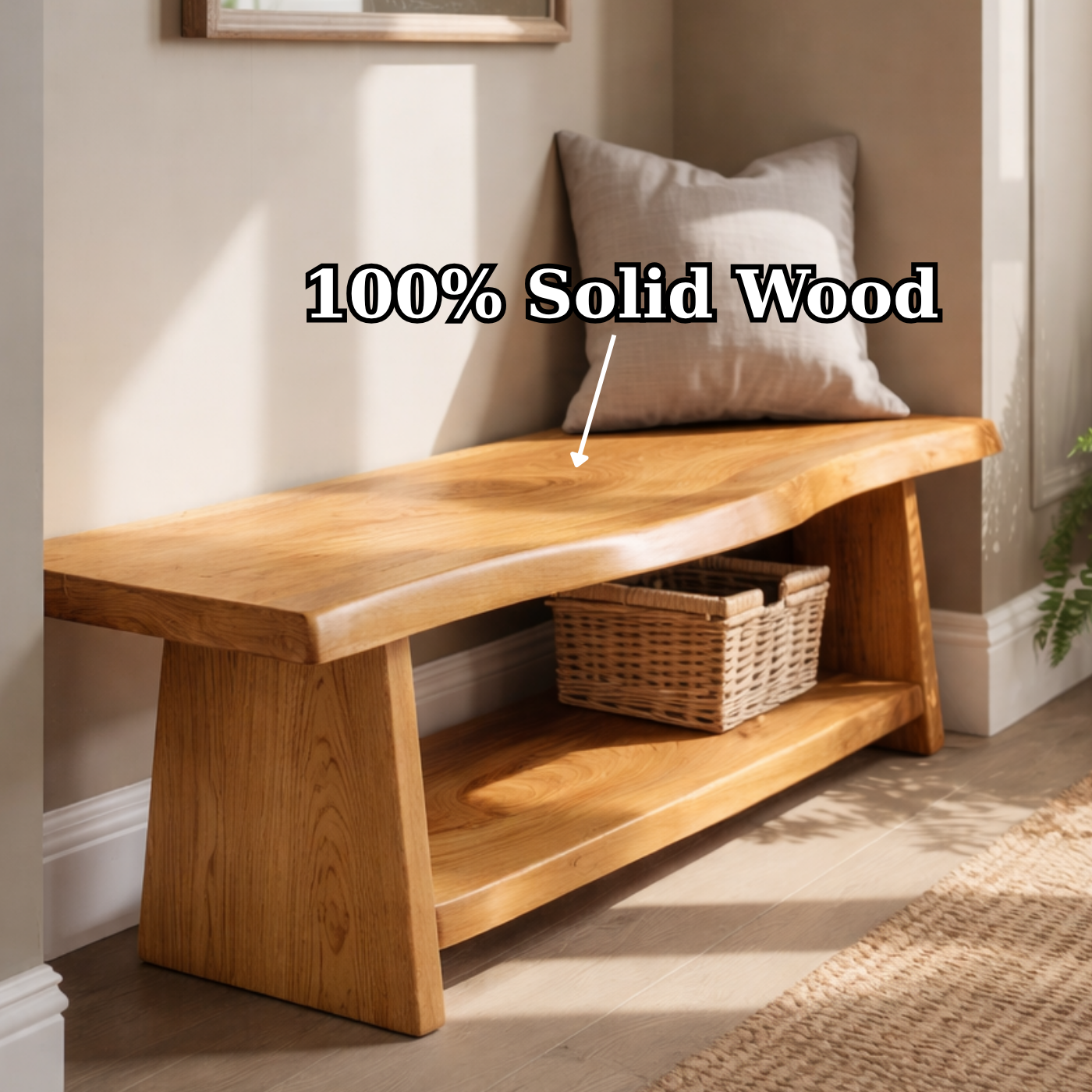 Solid Wood Live Edge Entryway Bench with Lower Shelf – Natural Wood Storage Bench