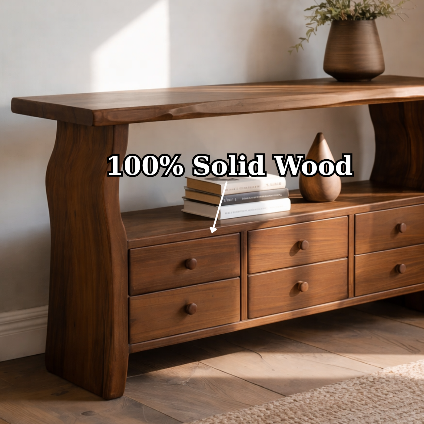 Solid Wood Console Table with 6 Drawers & Display Shelf – Live Edge Entryway Storage Console