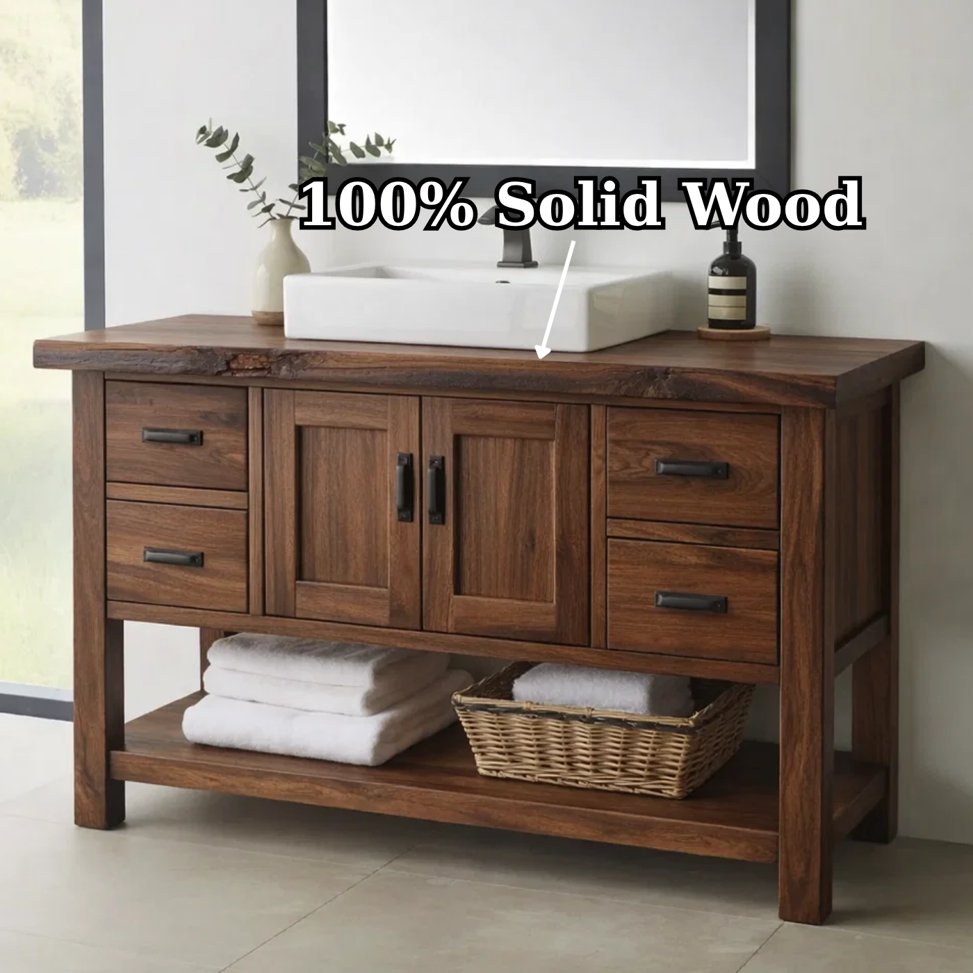 Solid Wood Bathroom Vanity with Drawers, Cabinet Doors & Open Shelf – Rustic Farmhouse Vanity