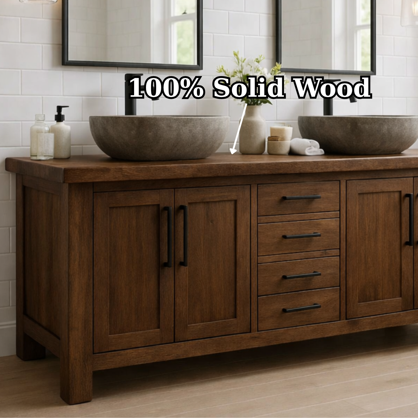 Solid Wood Double Bathroom Vanity Cabinet with Drawers & Doors – Rustic Farmhouse Vanity Base