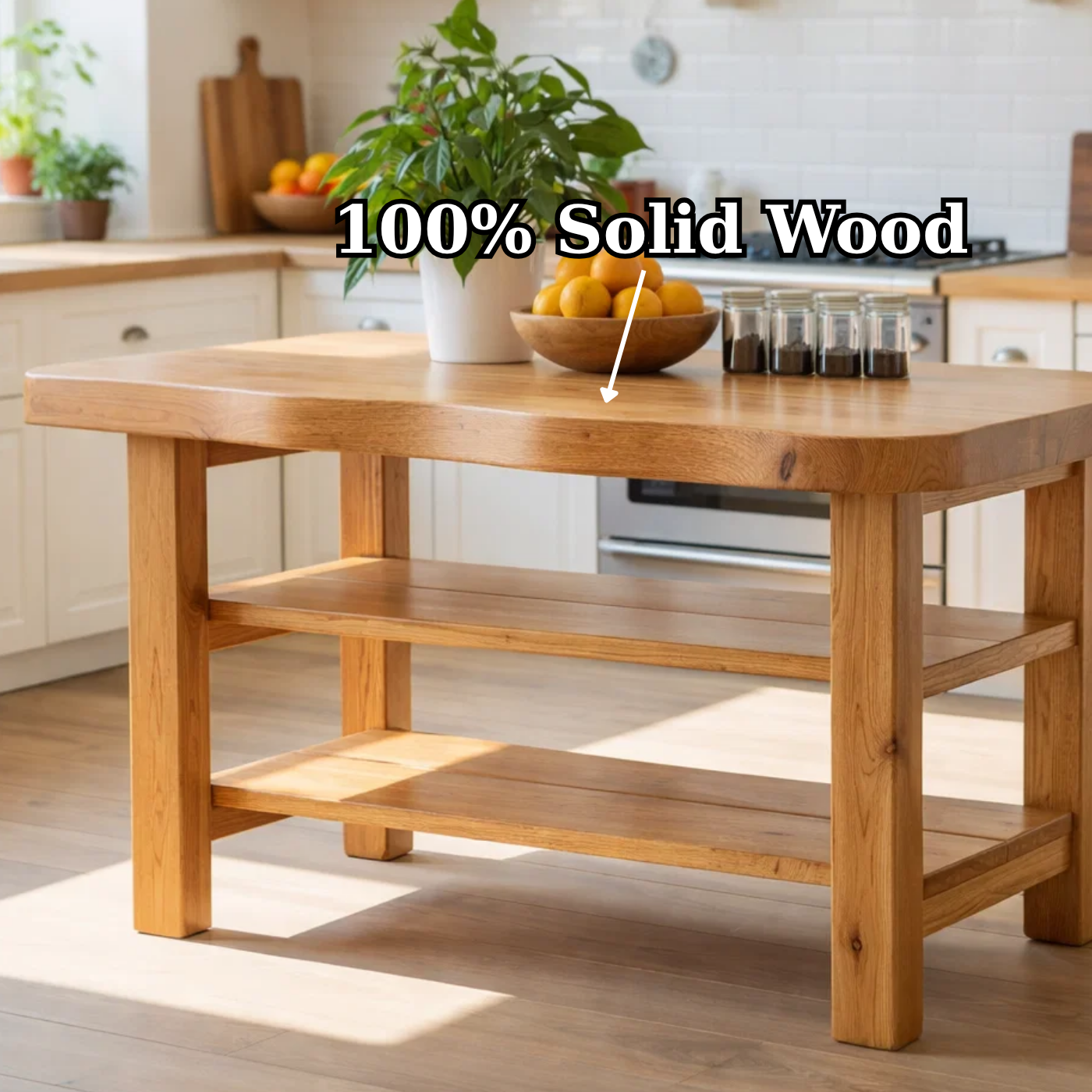 Solid Wood Kitchen Island Table with Double Storage Shelves – Farmhouse Prep & Storage Table