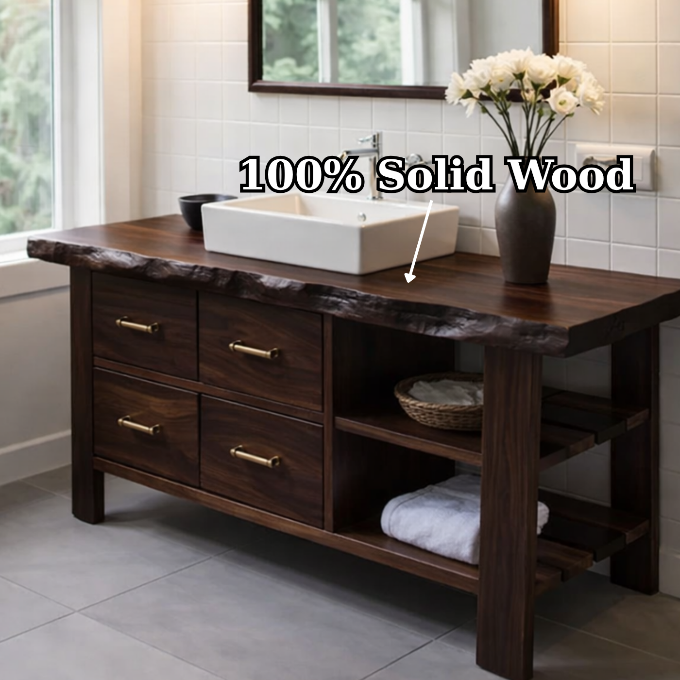 Solid Wood Rustic Bathroom Vanity with Drawers & Open Shelf – Live Edge Vanity Cabinet