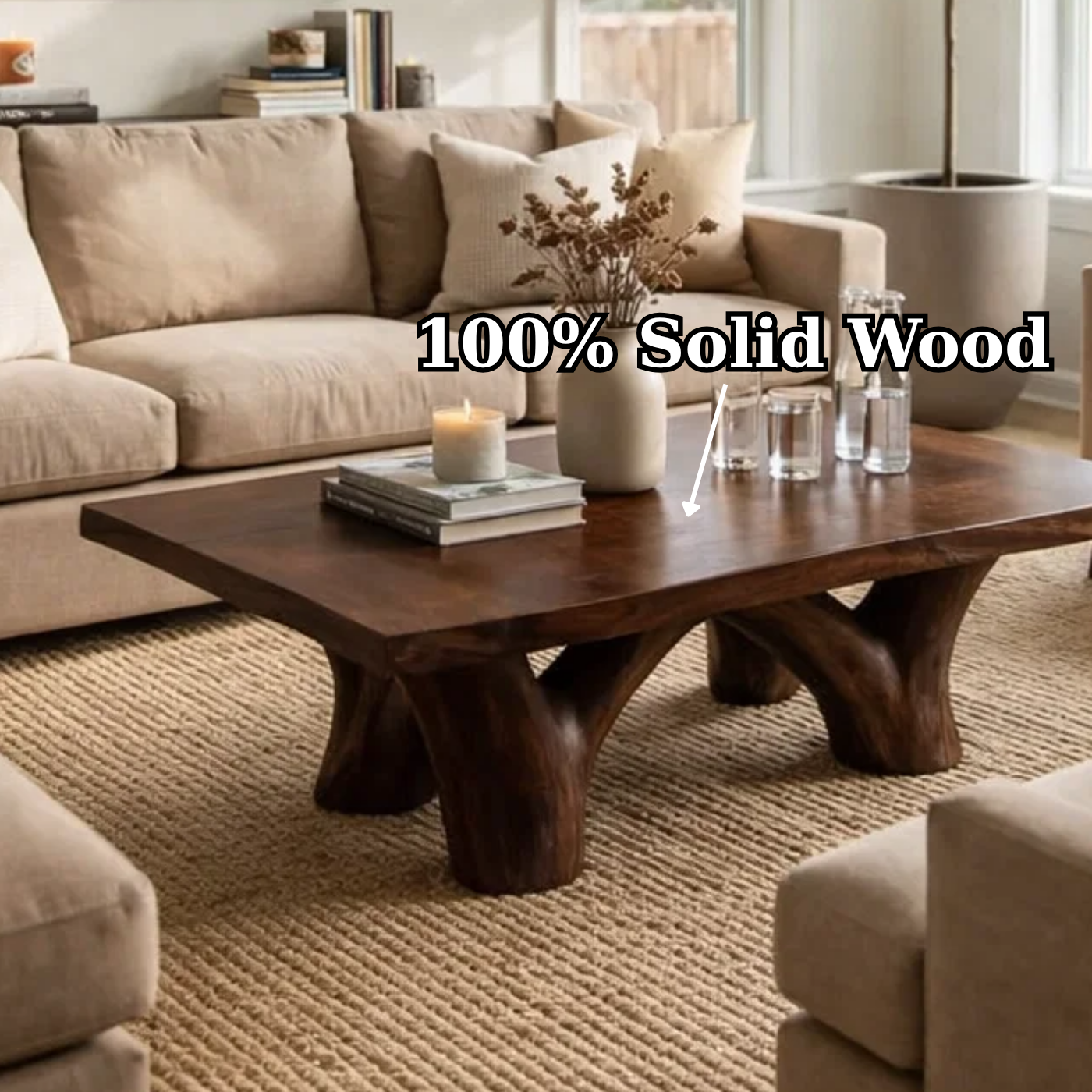 Solid Wood Rustic Coffee Table with Sculpted Base – Live Edge Living Room Coffee Table