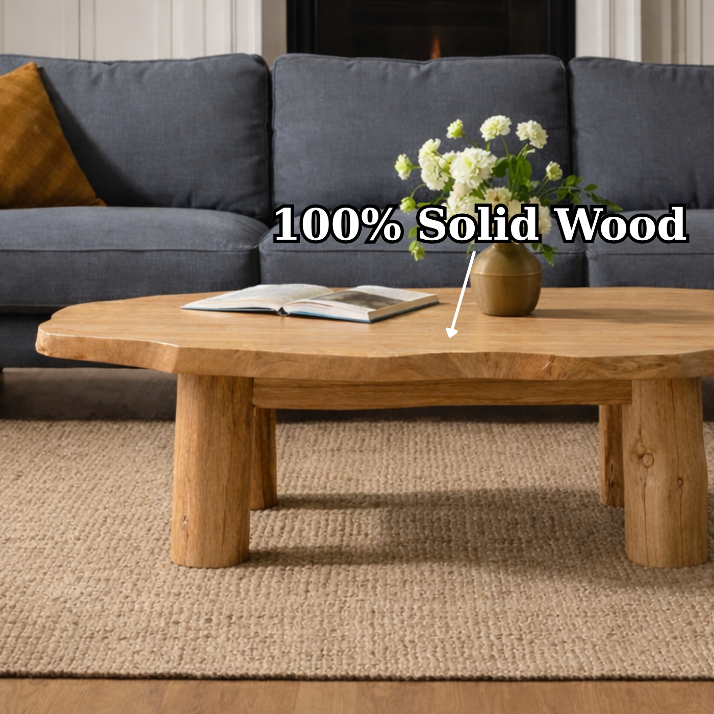 Solid Wood Round Coffee Table with Chunky Legs – Rustic Natural Wood Living Room Table