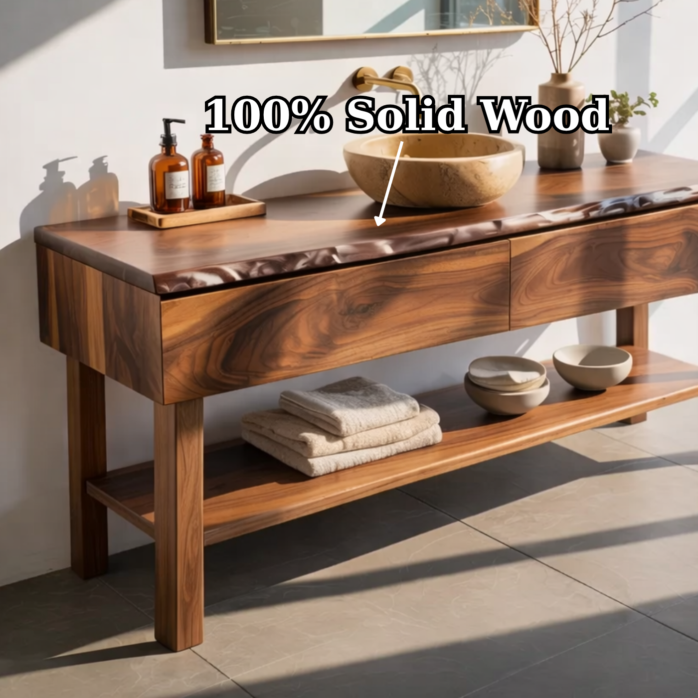 Solid Wood Bathroom Vanity with Live Edge Top and Open Shelf – Rustic Modern Vanity Cabinet