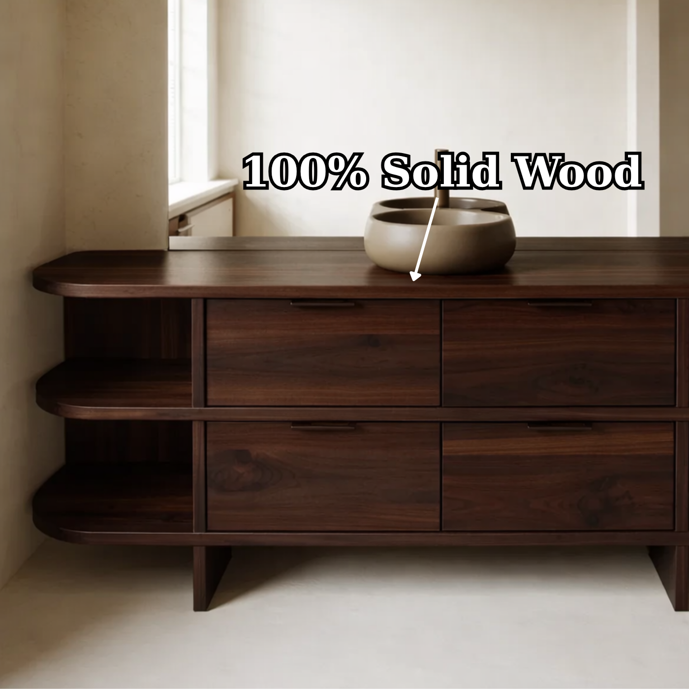 Solid Wood Bathroom Vanity with Drawers and Open Side Shelves – Modern Rustic Vanity Cabinet