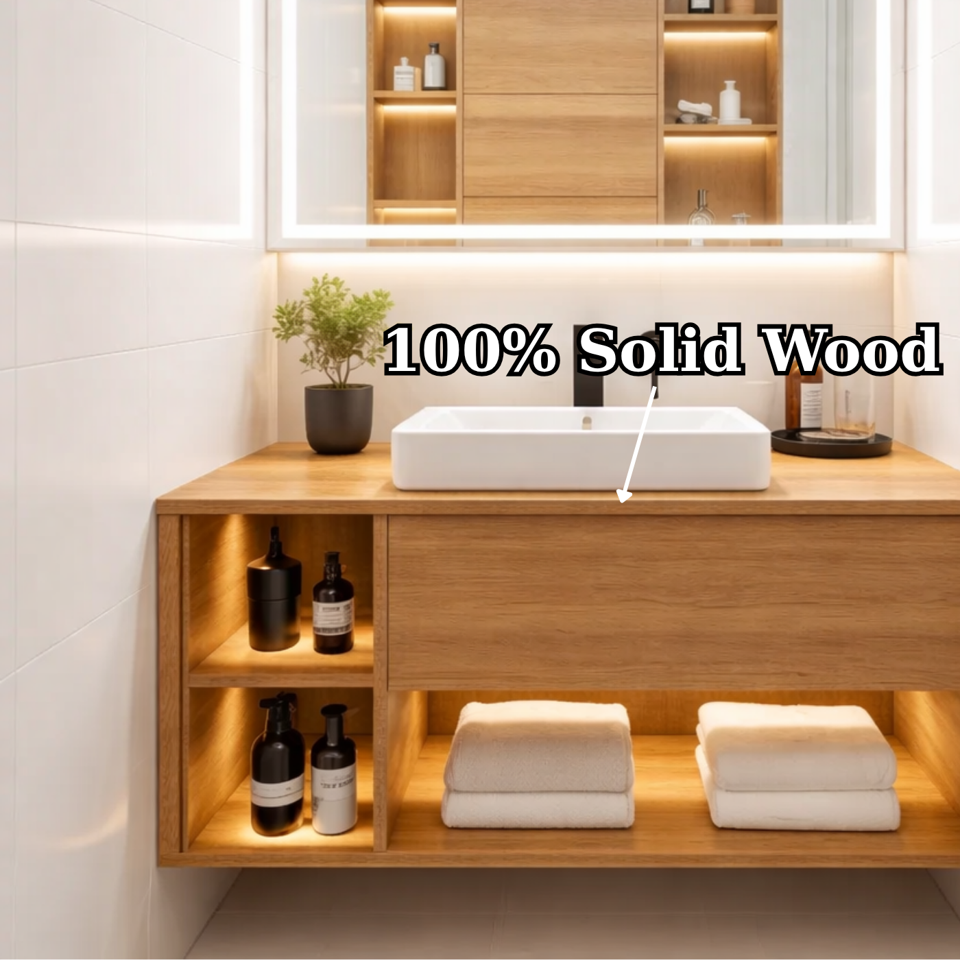 Floating Solid Wood Bathroom Vanity with Drawer and Open Shelves – Modern Minimalist Vanity Cabinet