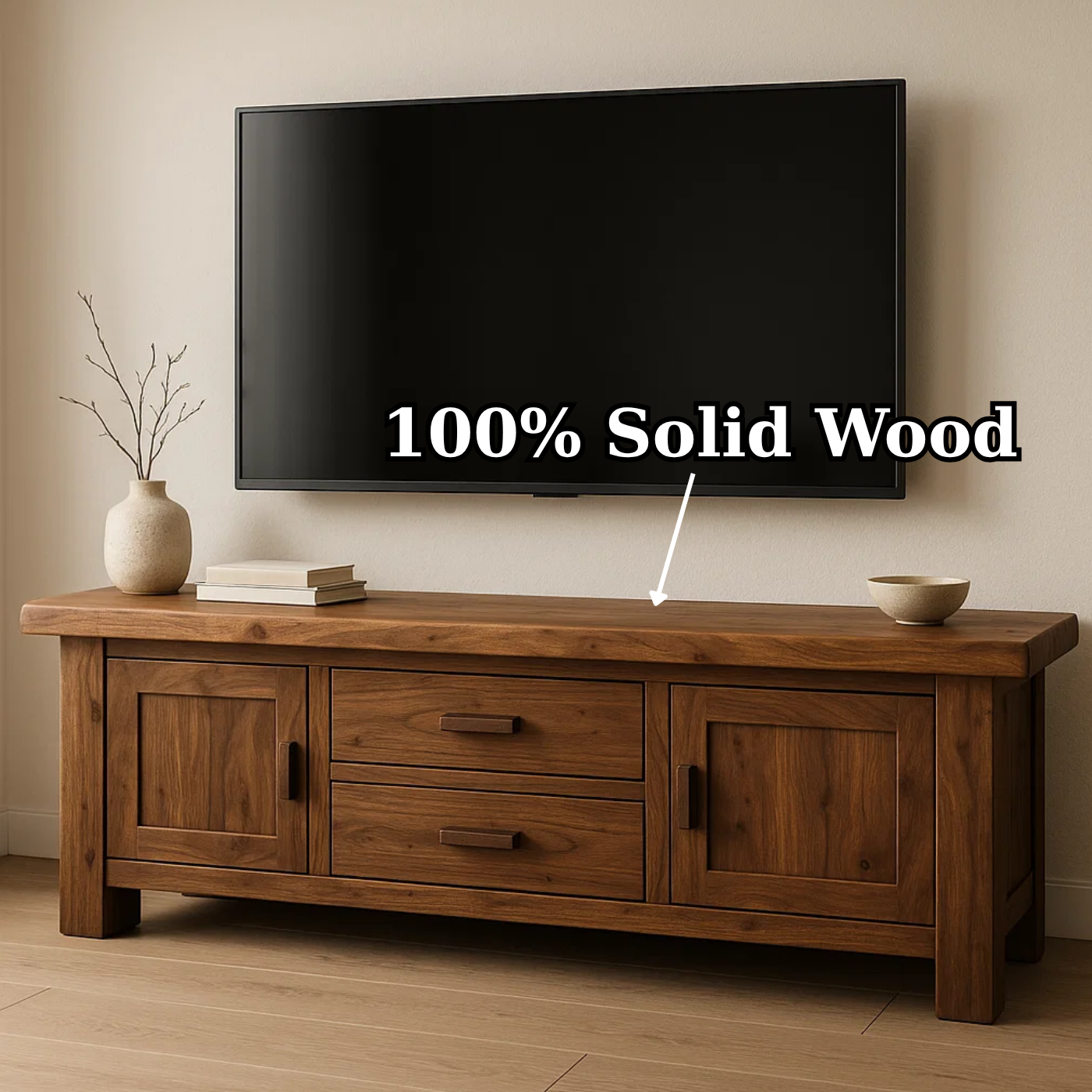 Solid Wood TV Stand with Drawers and Cabinets – Rustic Modern Media Console