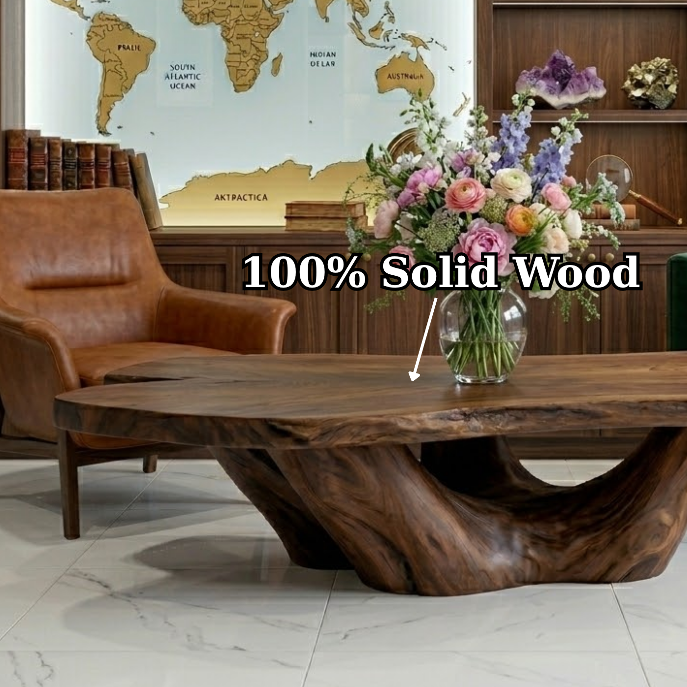 Solid Wood Live Edge Coffee Table with Sculptural Base – Rustic Organic Living Room Table