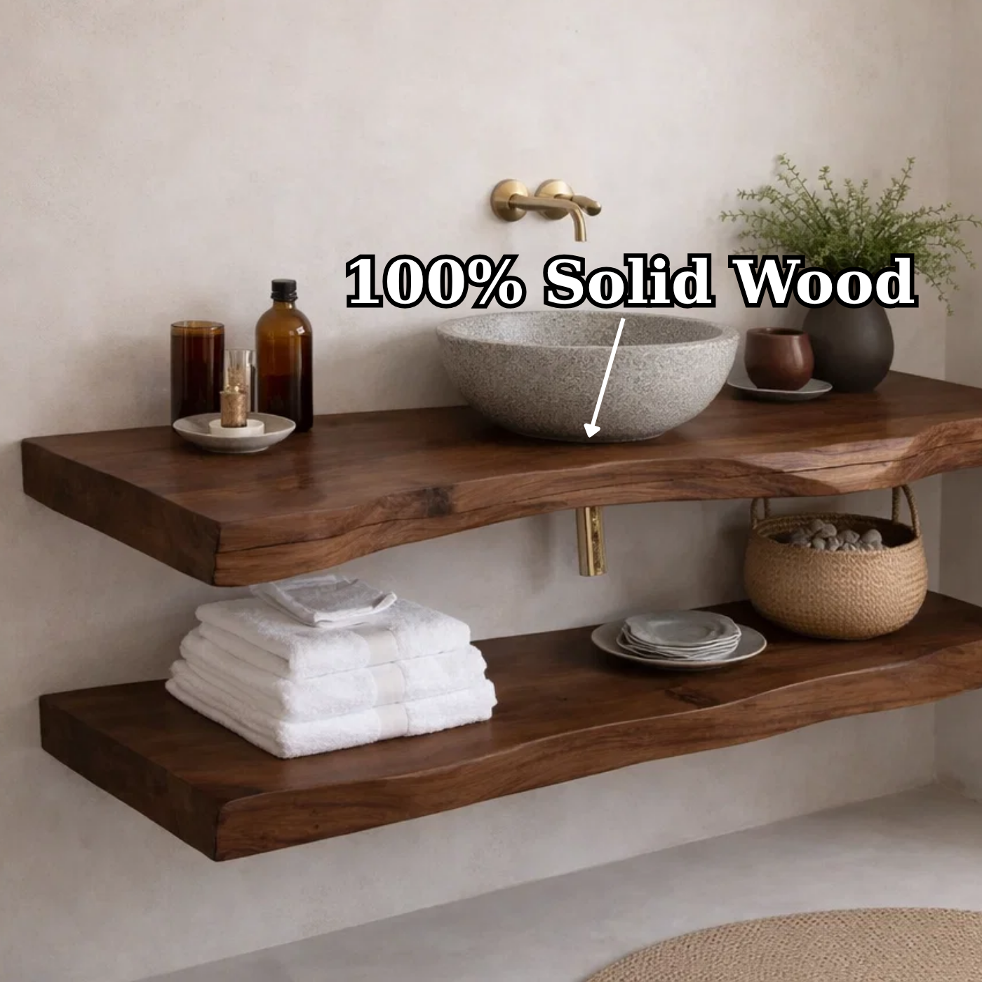 Floating Solid Wood Bathroom Vanity Shelf with Live Edge – Rustic Wall Mounted Vanit