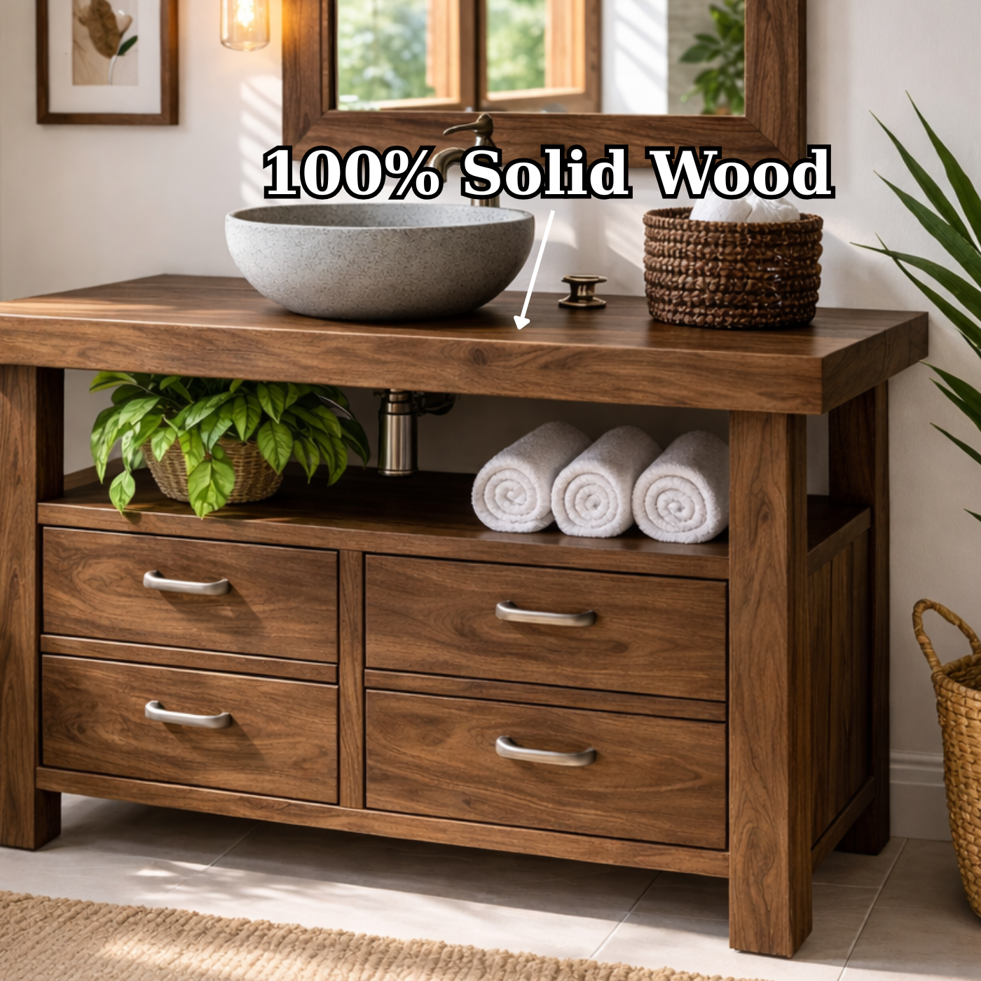 Solid Wood Bathroom Vanity with Four Drawers and Open Shelf for Transitional and Modern Bathrooms