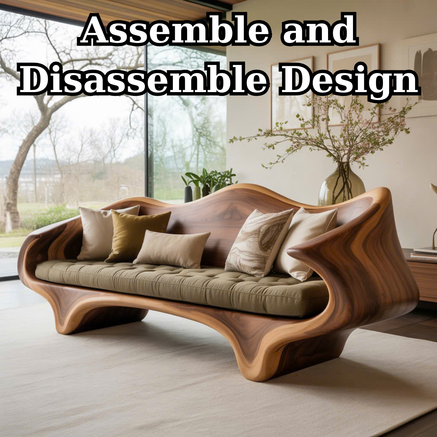 Handcrafted Solid Wood Sofa – Sculptural Organic Wood Couch with Artistic Curves and Cushion Seat Kitchnce