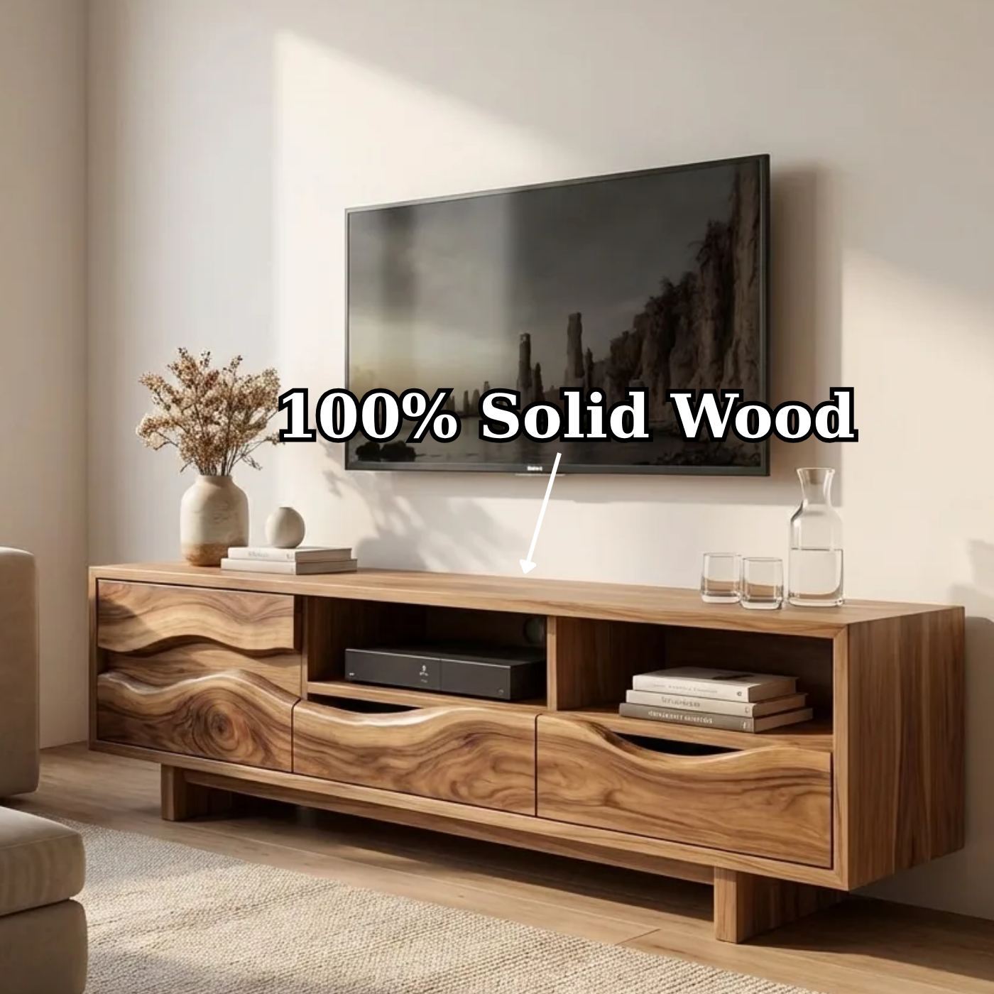 Solid Wood TV Stand with Wave Carved Drawers – Modern Rustic Media Console
