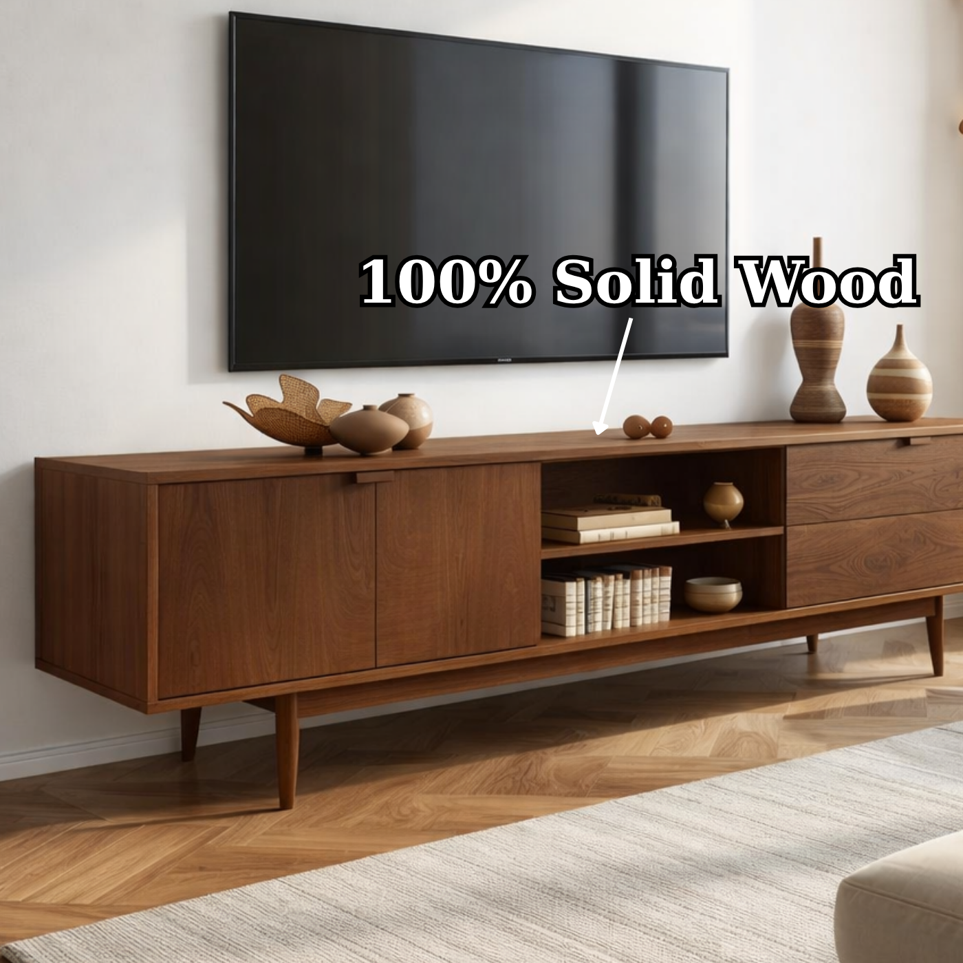 Mid-Century Solid Wood TV Stand with Cabinets and Open Shelf – Modern Media Console