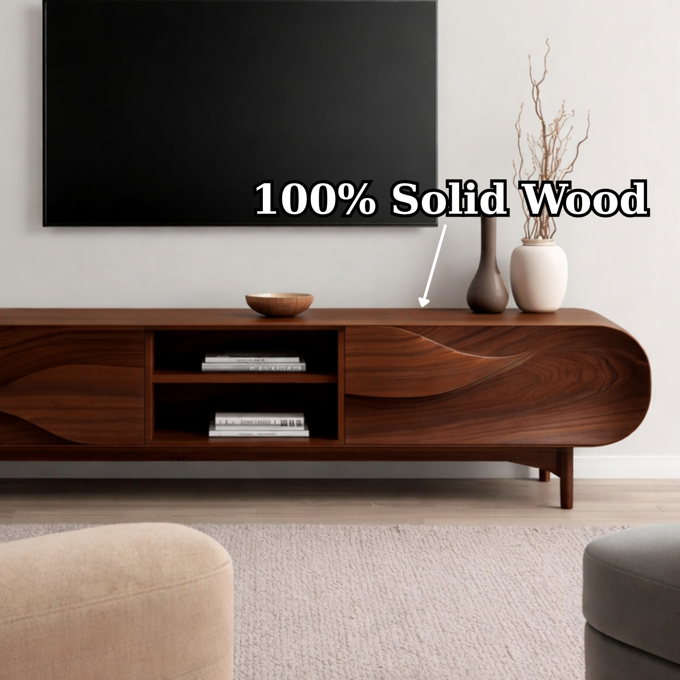 Solid Wood TV Stand with Sculpted Wave Front – Modern Walnut Media Console