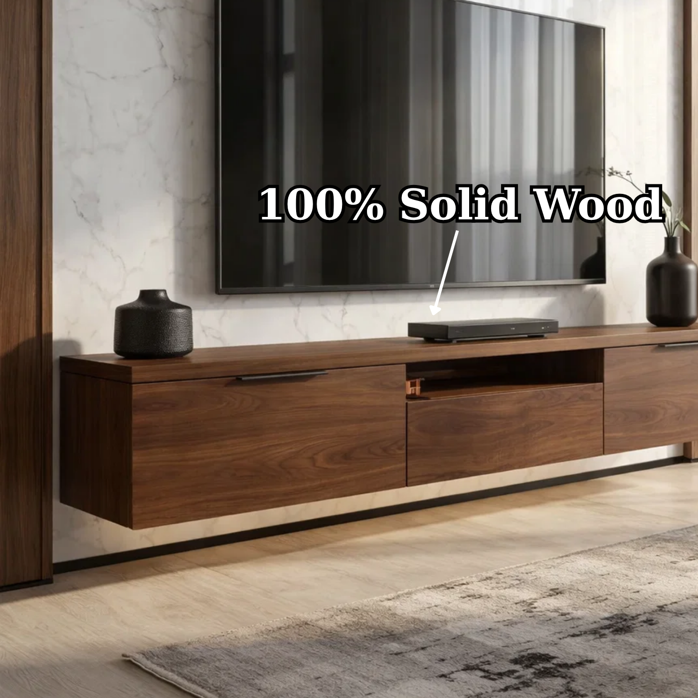 Floating Solid Wood TV Stand with Drawers – Modern Wall Mounted Media Console