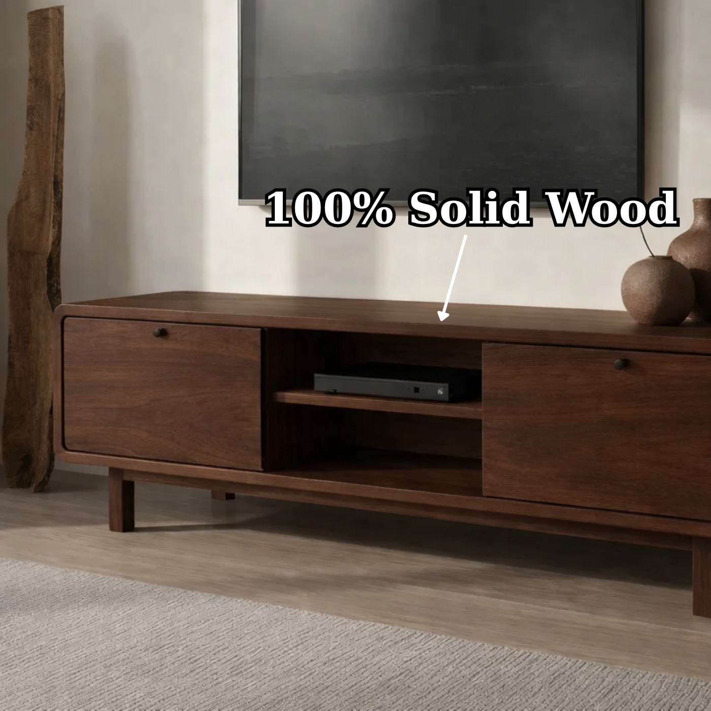 Minimalist Solid Wood TV Stand with Sliding Doors – Modern Rustic Media Console