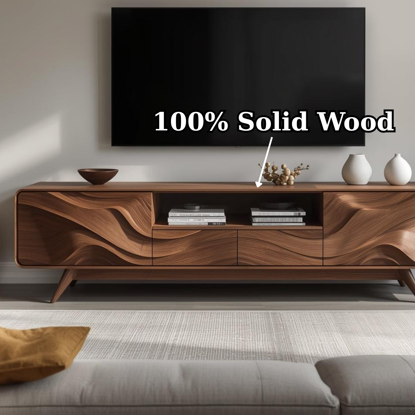 Solid Wood TV Stand with Sculpted Wave Front – Modern Rustic Media Console