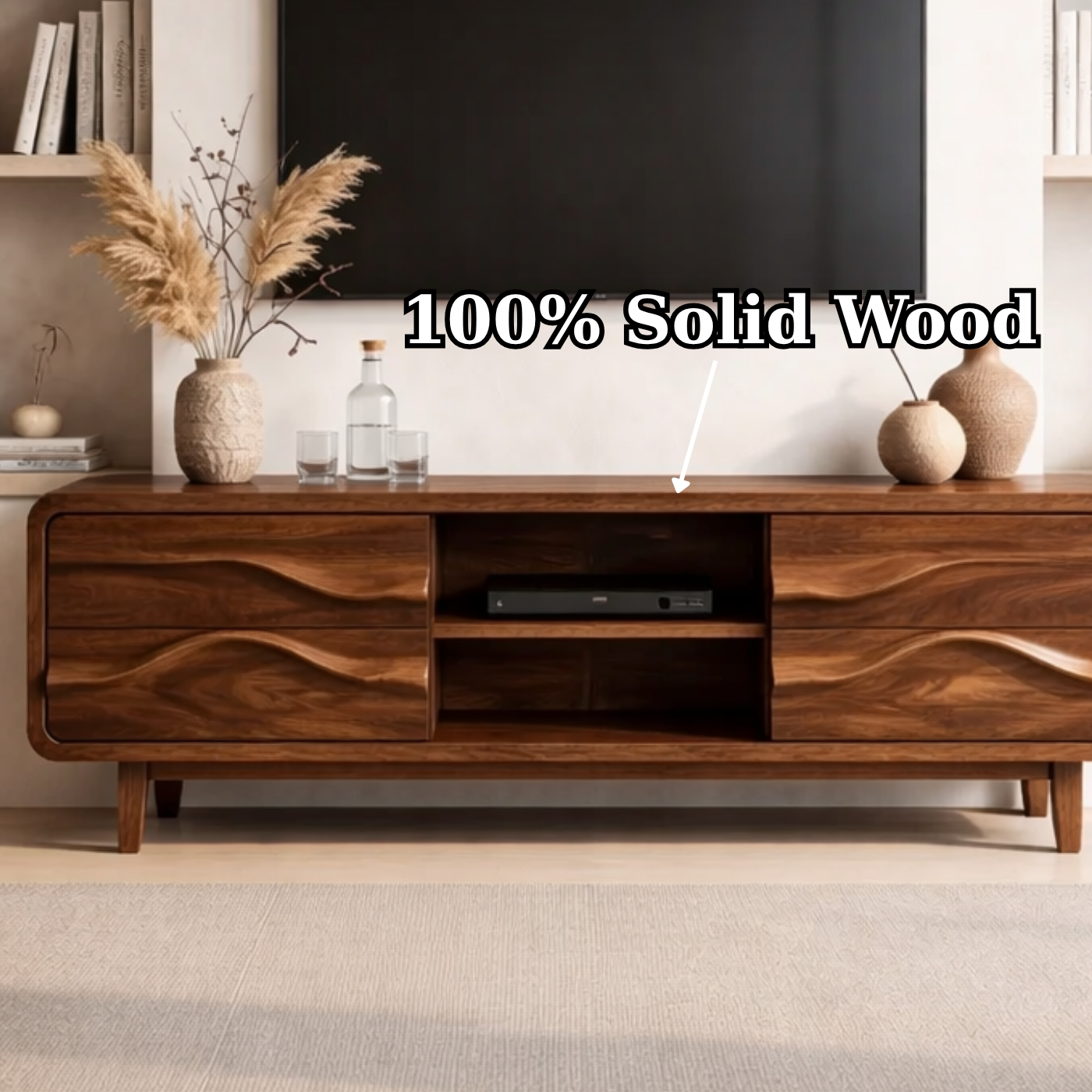Solid Wood TV Stand with Carved Wave Front – Modern Rustic Media Console