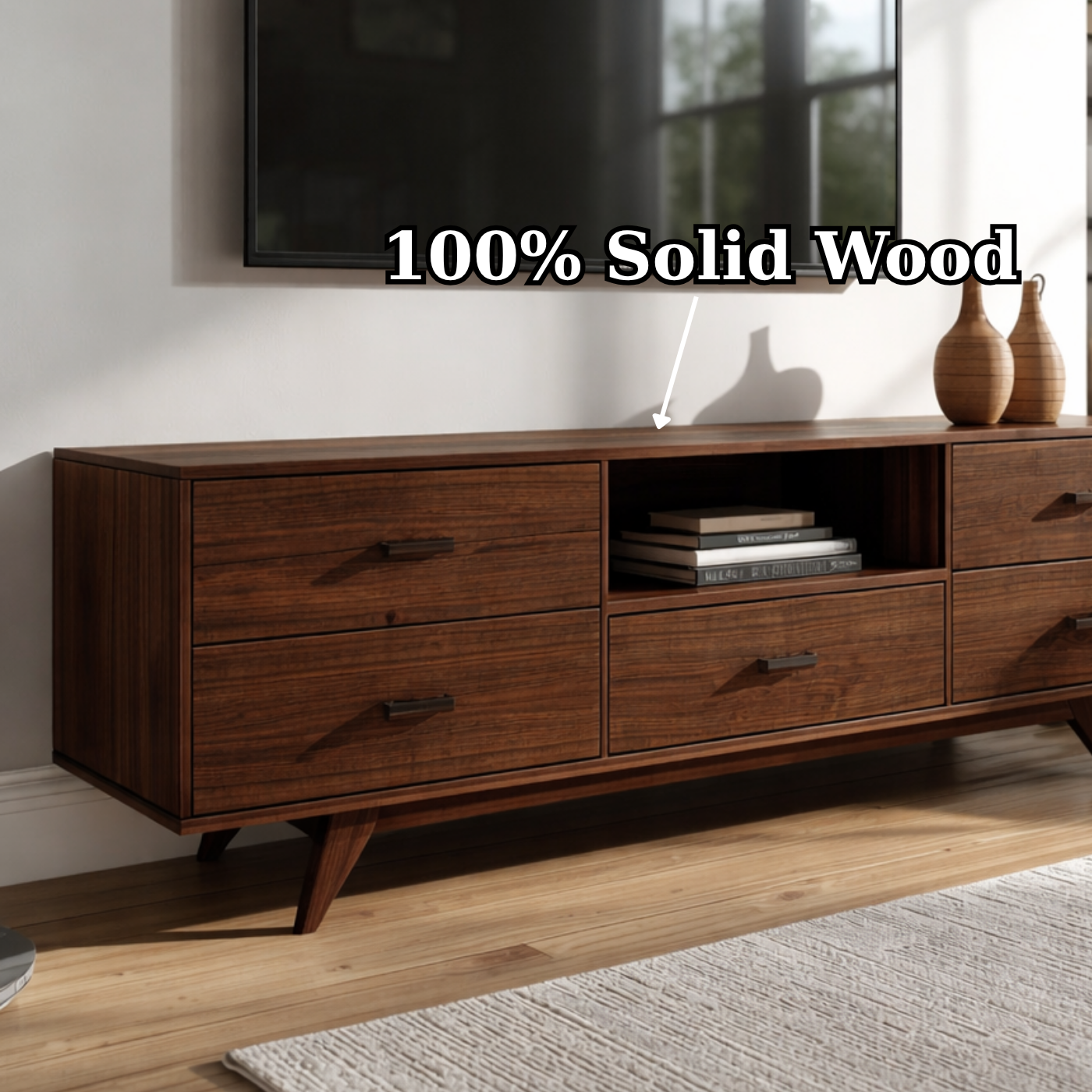 Mid-Century Solid Wood TV Stand with Drawers – Modern Walnut Media Console