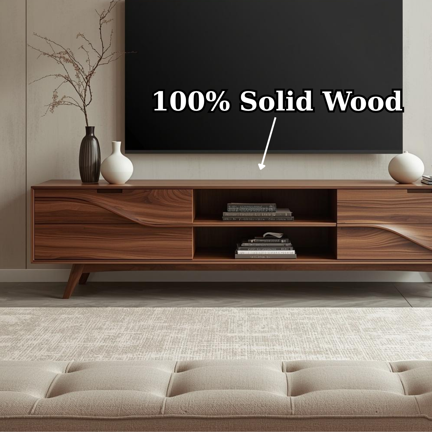 Solid Wood TV Stand with Wave Carved Drawers – Modern Mid-Century Media Console