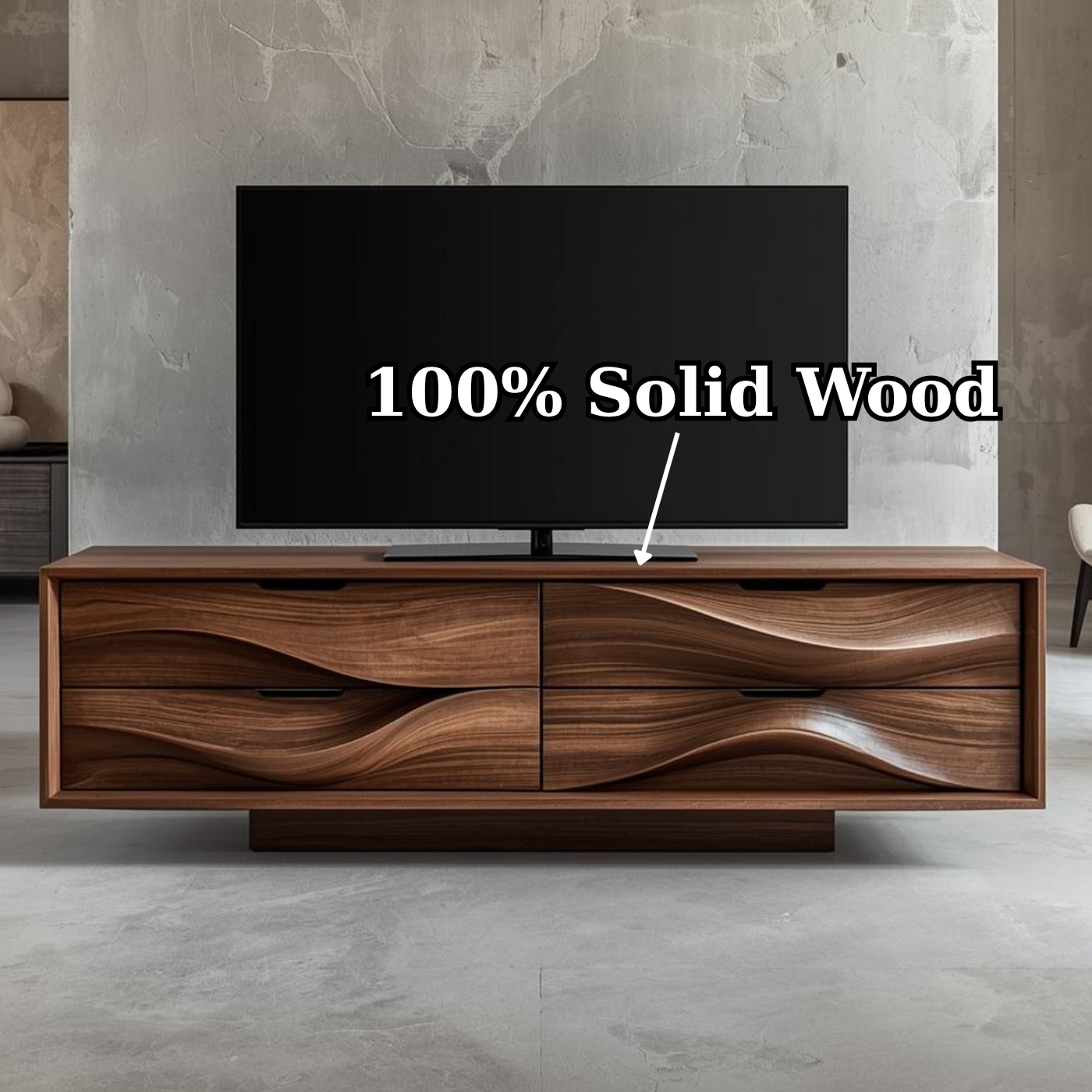 Solid Wood TV Stand with Sculpted Wave Doors – Modern Minimalist Media Console