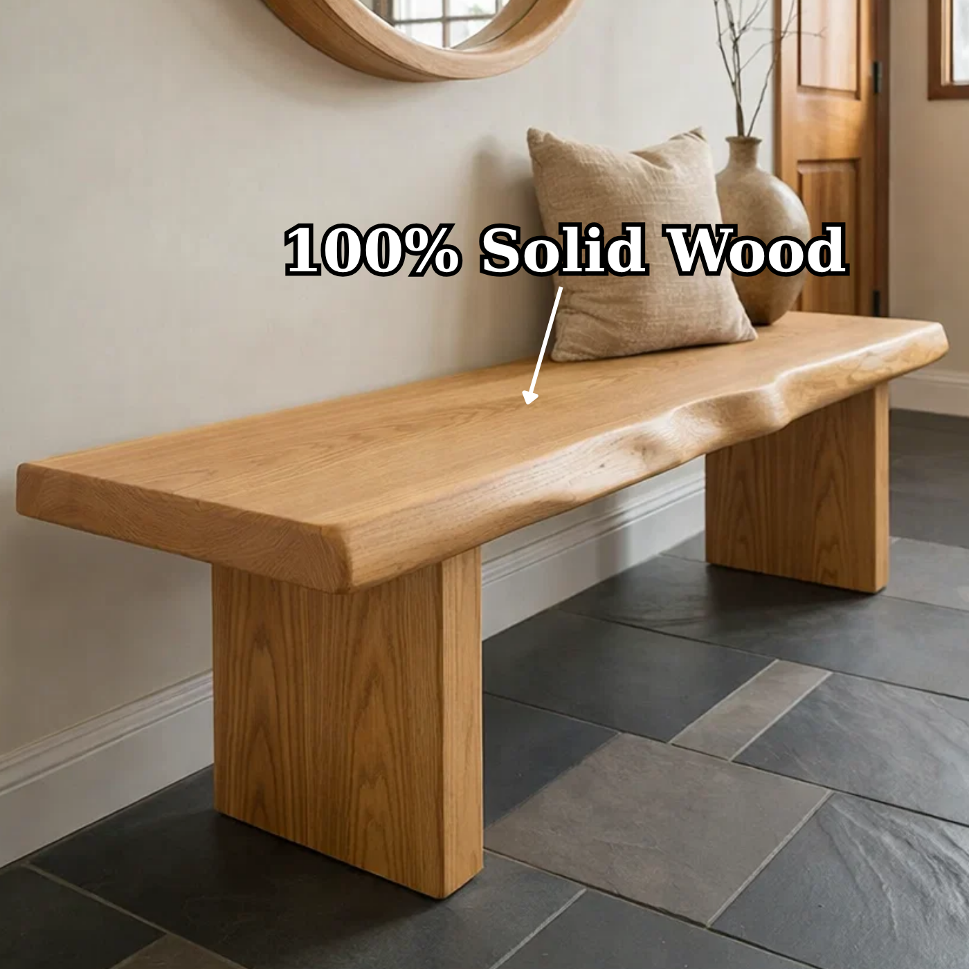 Solid Wood Entryway Bench with Live Edge Seat – Rustic Modern Hallway Bench