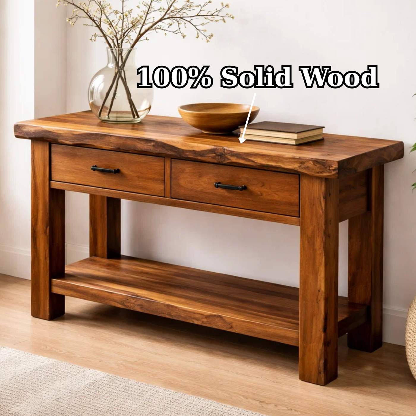 Solid Wood Console Table with Drawers and Shelf