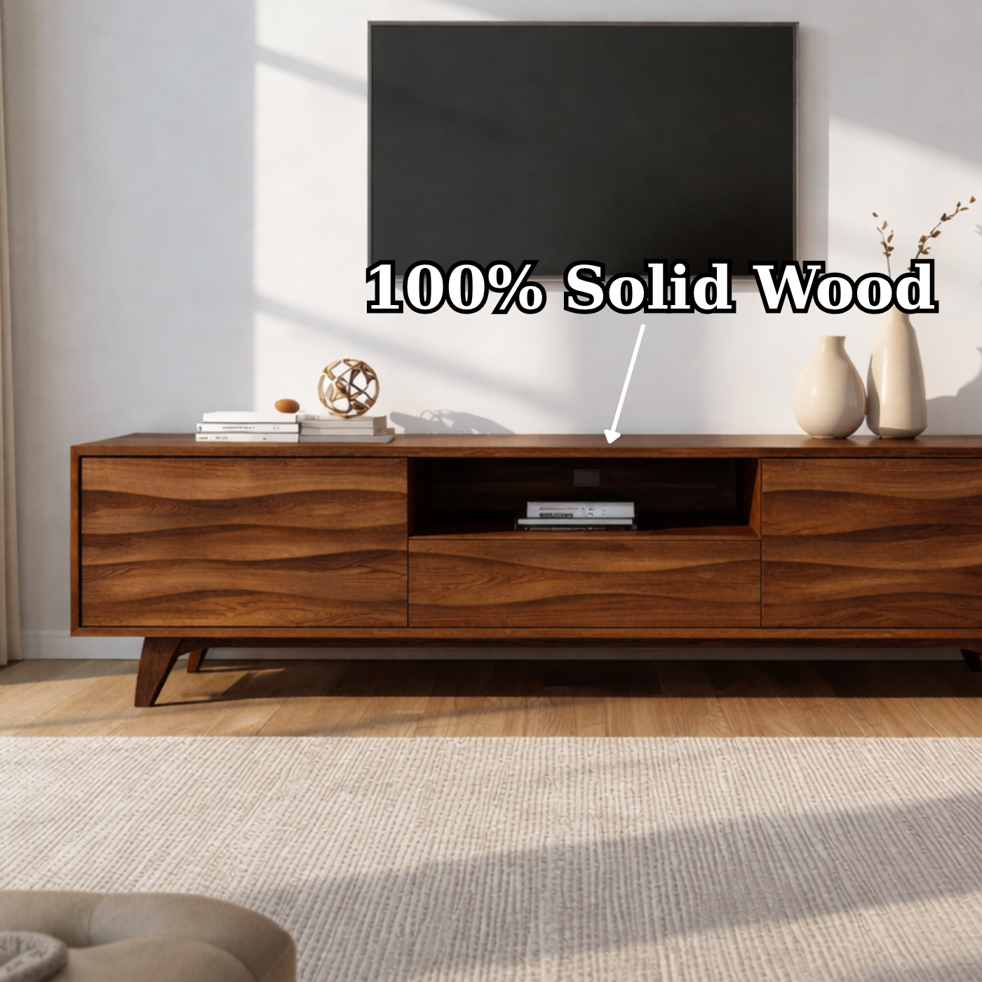 Solid Wood TV Stand with Wave Pattern Doors – Modern Rustic Media Console
