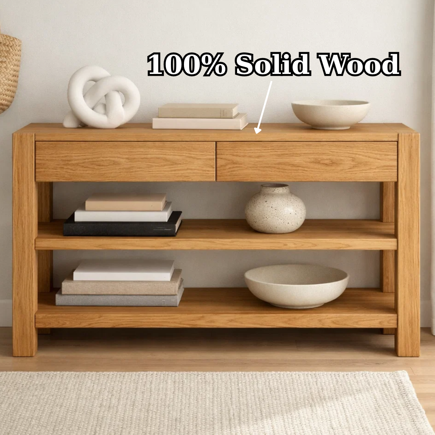 Solid Wood Console Table with Drawers and Shelves – Modern Oak Entryway Storage Table