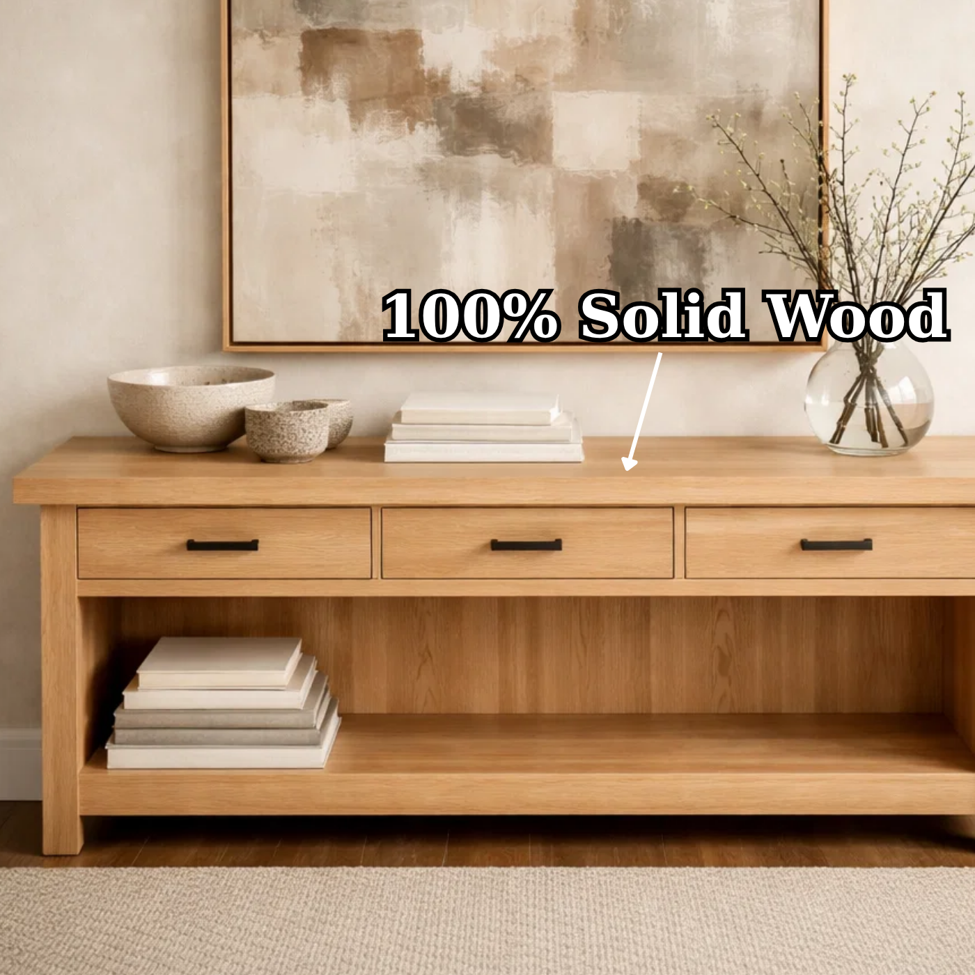 Handcraft Solid Wood Console Table with Drawers and Open Shelf
